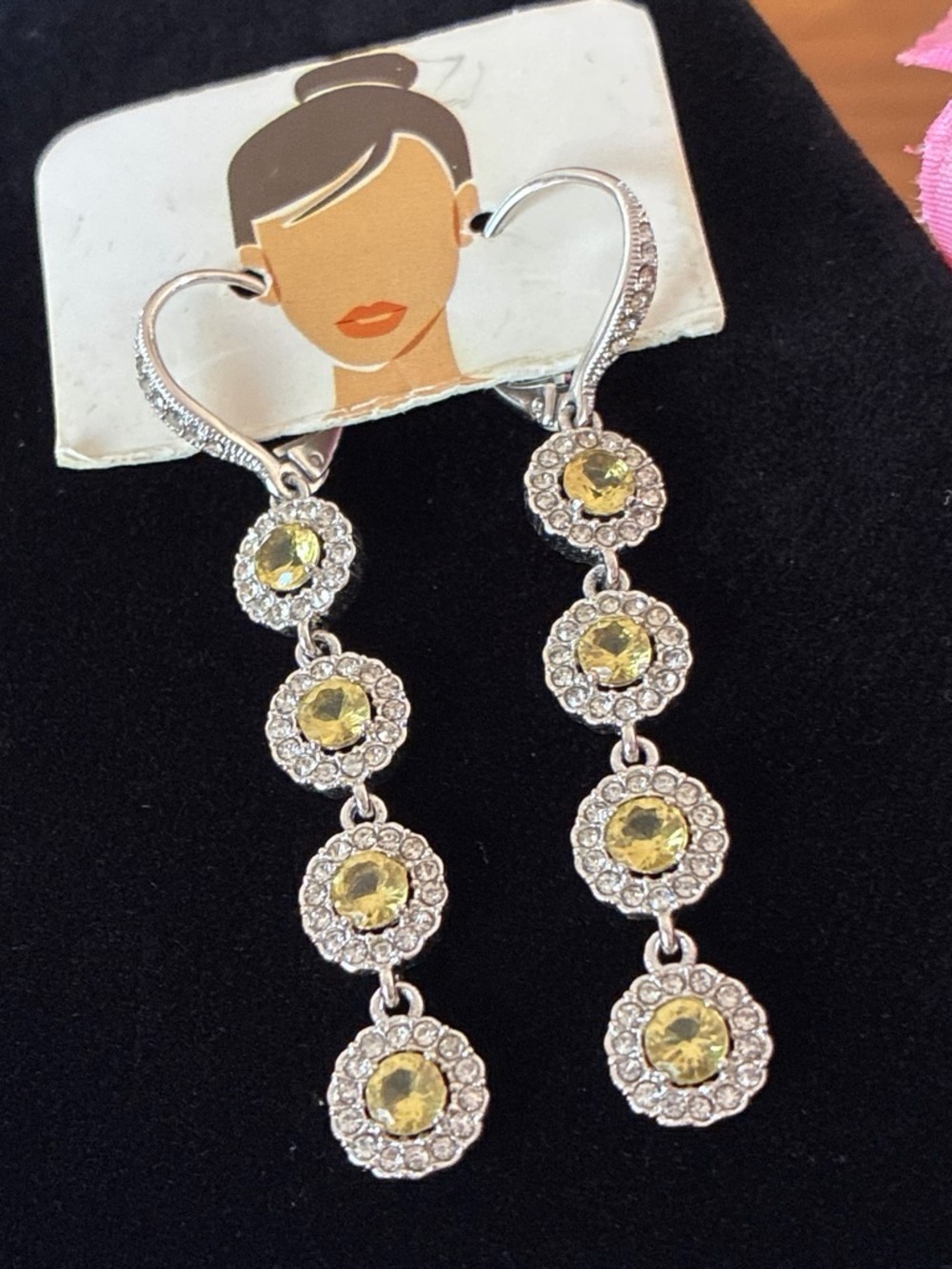 Silver-Tone Yellow Crystal Drop Earrings - Women Jewelry - Picture 4 of 4